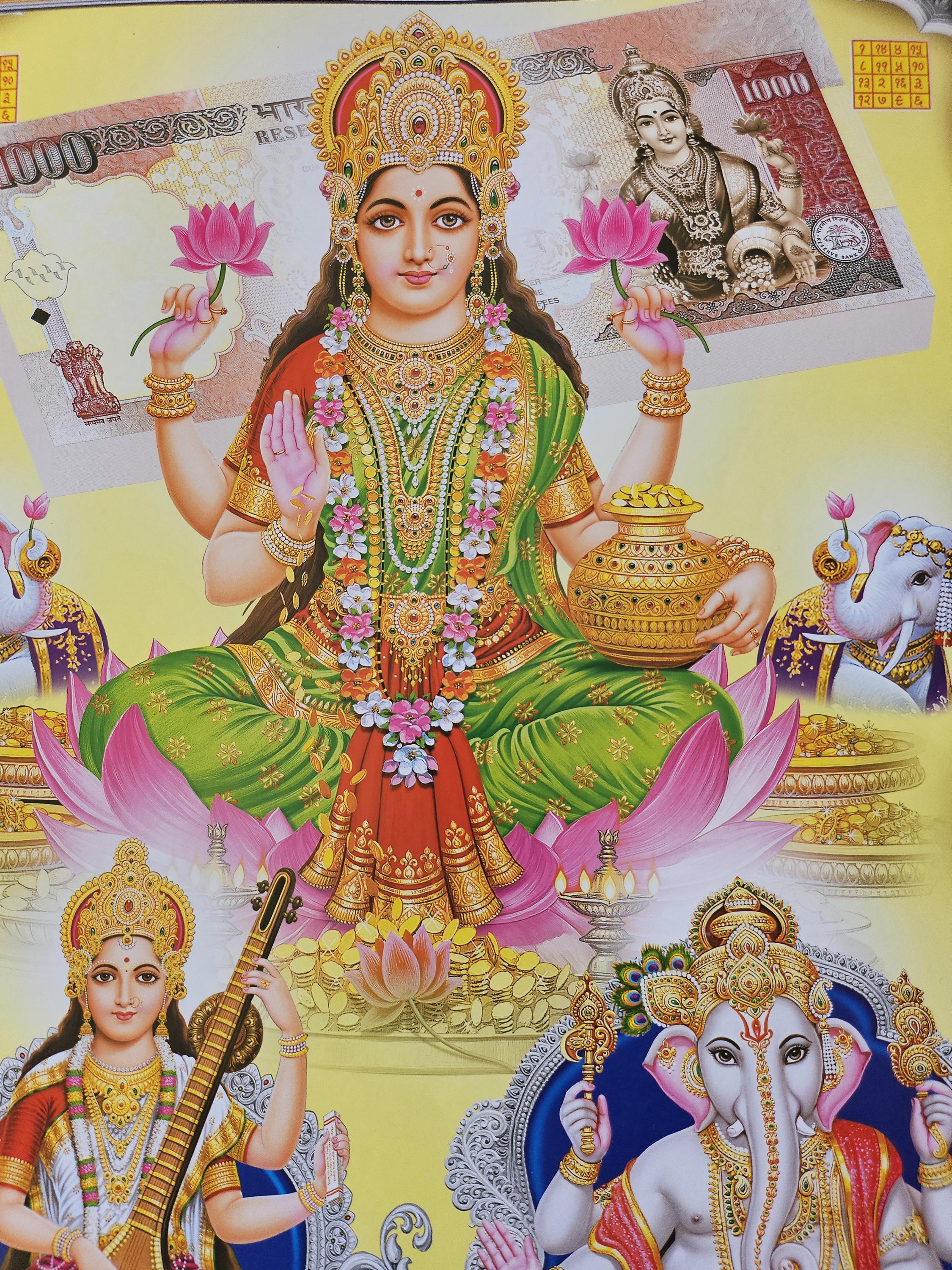Modern Print of Hindu God and Goddess Ganesh, Lakshmi and