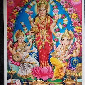 10x14 Modern print of Gnesh, Lakshmi and saraswati by Brijbasi Press