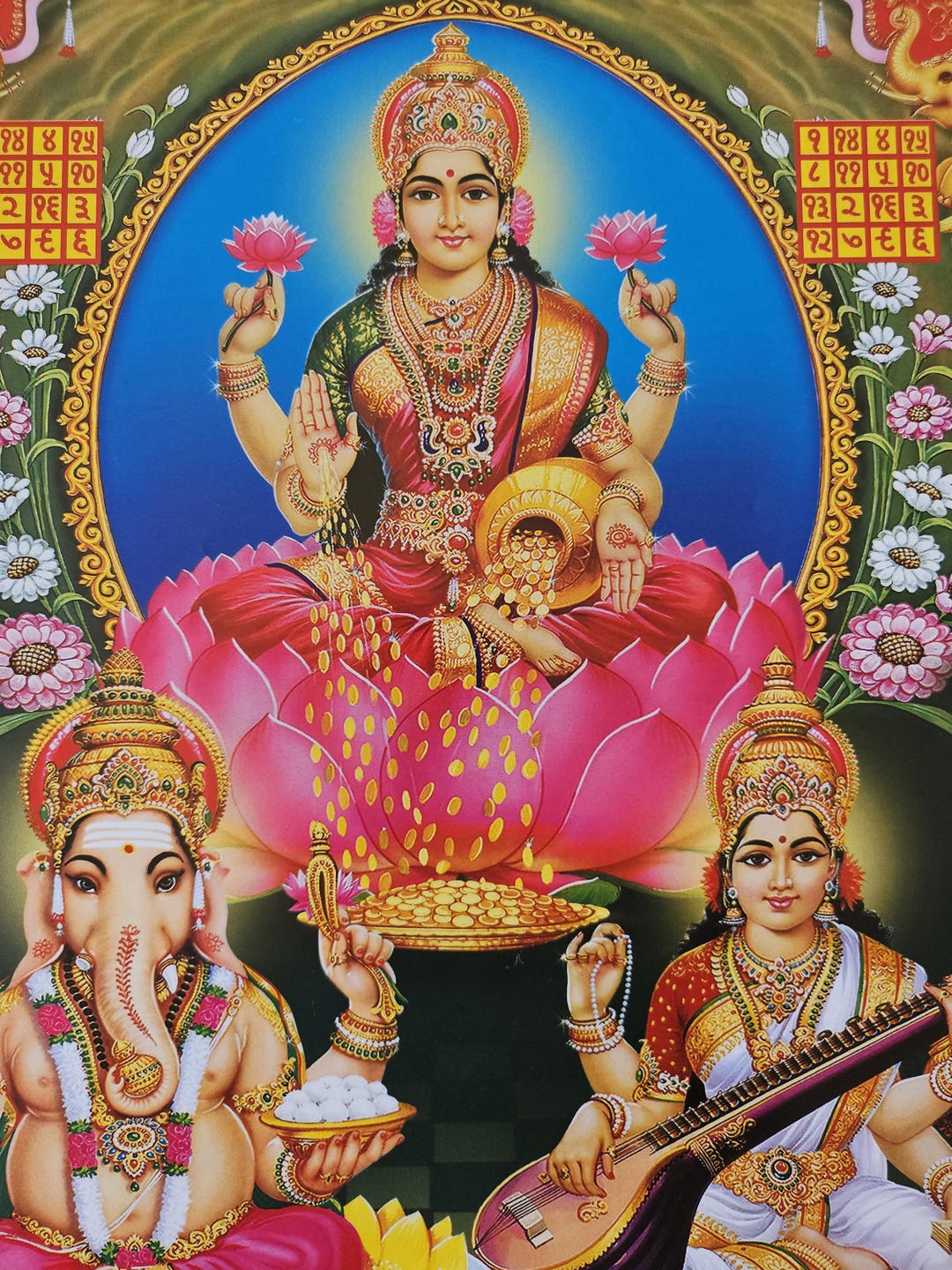 Modern Print of Hindu God and Goddess Ganesh, Lakshmi and