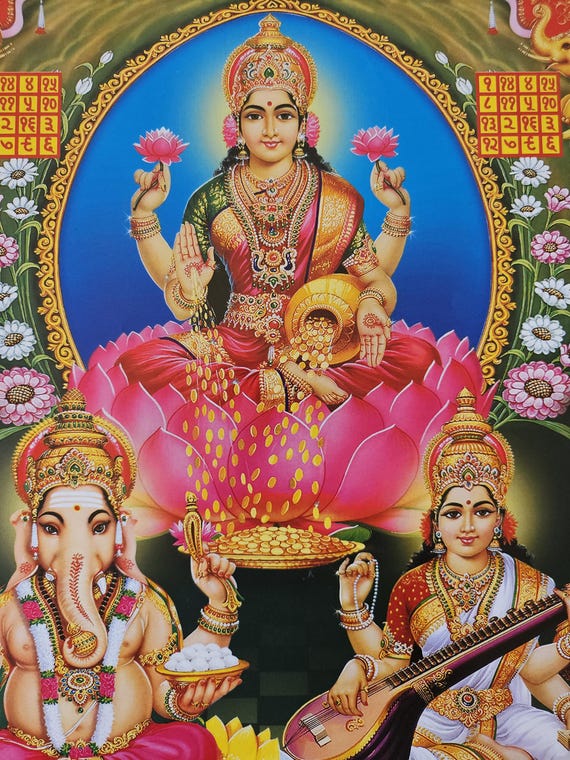 Modern Print of Hindu God and Goddess Ganesh, Lakshmi and