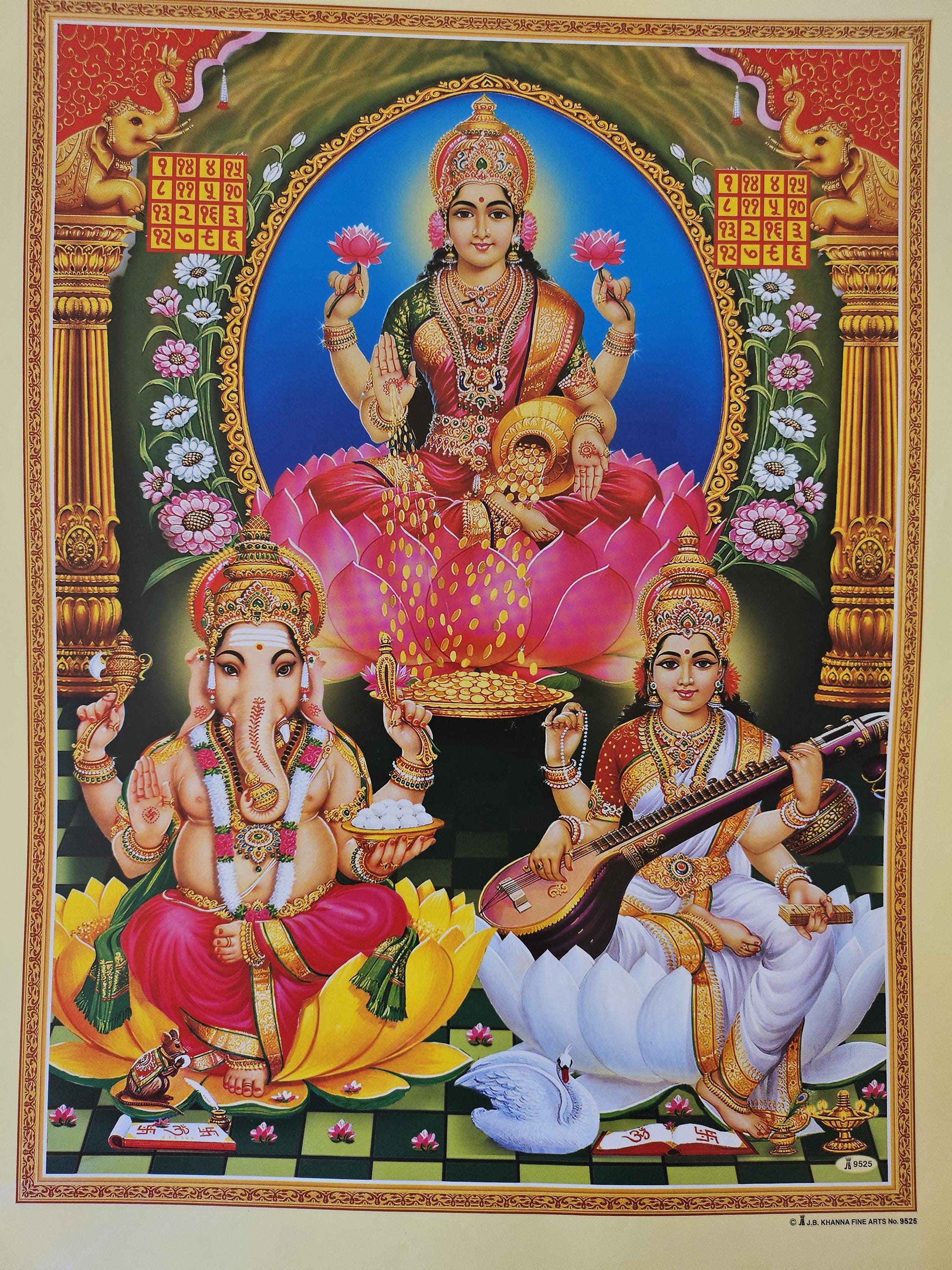 Modern Print of Hindu God and Goddess Ganesh, Lakshmi and