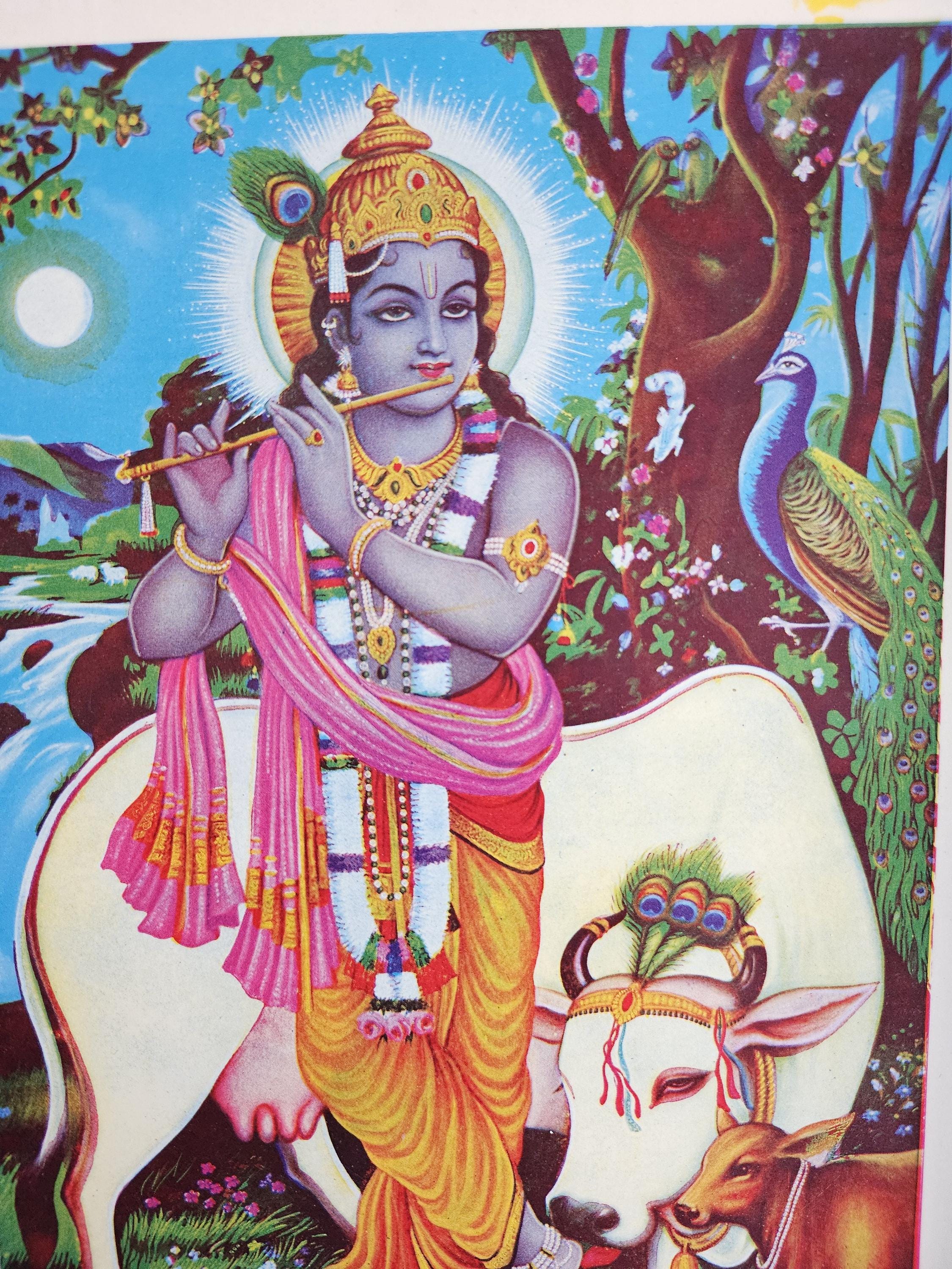 インド、ヒンドゥー教、伝統的絵画、手彩色、クリシュナ、シヴァ、布に彩色 インド、ヒンドゥー教、伝統的絵画、手彩色、クリシュナ、シヴァ、布に