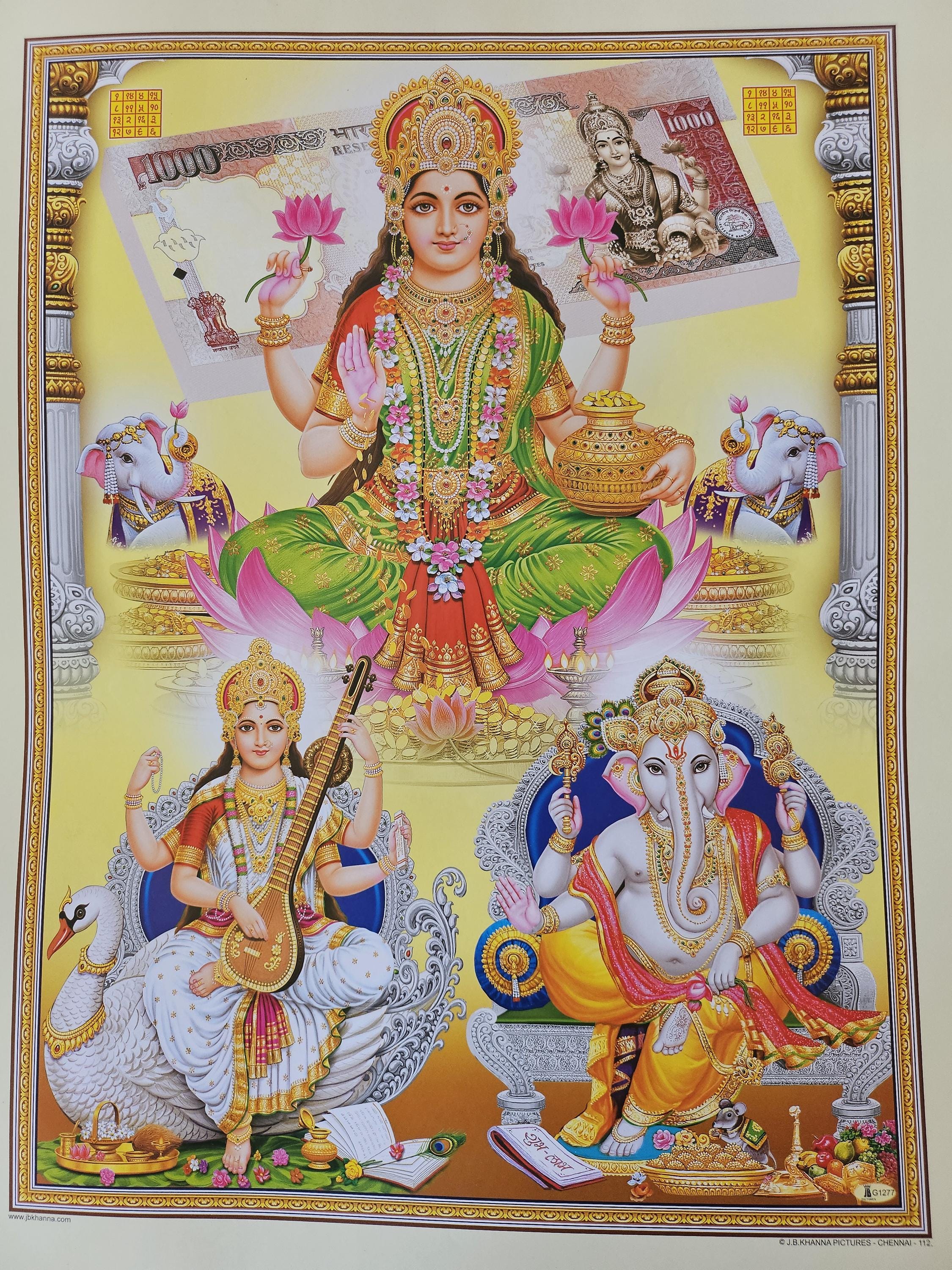 Modern Print of Hindu God and Goddess Ganesh, Lakshmi and
