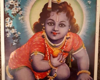 Hindu God baby Krishna vintage print