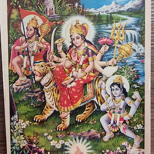 Hindu Goddess Amba Maa with Hanuman and bhirav vintage print by Brijbasi Press 6.5in x 9.5in