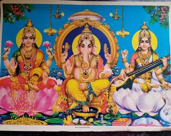 Vintage Print of Diwali Puja 10&quot; x 14&quot; - Lakshmi, Saraswati and Ganesh by JB khanna