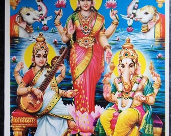 10x14 vintage print - Diwali Puja - Lakshmi, Ganesh and saraswati by JB Khanna
