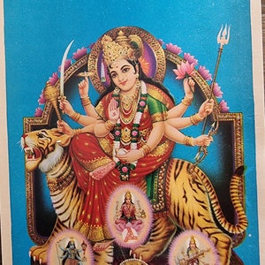 Hindu Goddess Amba Maa with maa saraswati, maa lakshmi and maa kali (vaishno devi) vintage print by Jain Publishers 6.5in x 9.5in