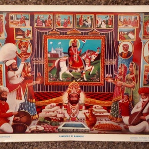 May include: A colorful religious print depicting a central figure on horseback, surrounded by various figures and scenes. The artwork features vibrant reds, blues, and yellows, with detailed illustrations of people and architectural elements. The print includes text at the bottom.