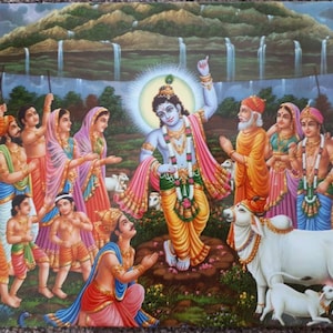 16.5&#39;x12&#39; print of hindu god krishna lifting govardhan parvat by jothi press