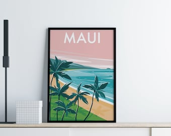 Maui Beach Art Print, Hawaii Travel Poster, Island Tropical Illustration