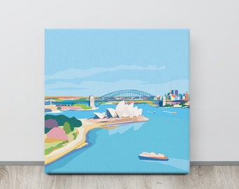 Sydney Harbour Canvas, Australian Art Illustration, Coastal Framed Print Ocean