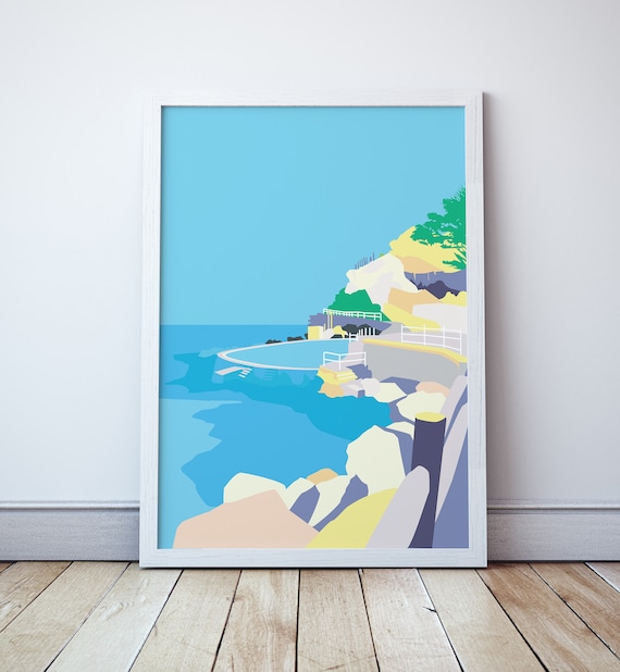 Bronte Beach Travel Art Print,  Vintage Style Ocean Seaside Coast Illustration Bronte Australia