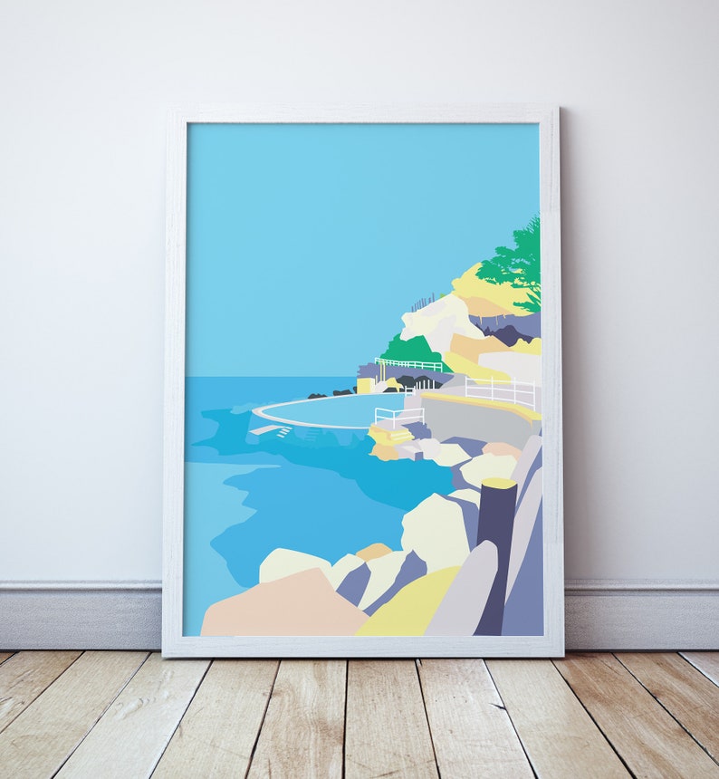 May include: A digital illustration of a swimming pool on a rocky cliff overlooking the ocean. The pool is surrounded by a white fence and the water is a bright blue. The sky is a light blue and the rocks are a variety of colors, including brown, gray, and yellow.