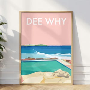 Può includere: Un'illustrazione rosa e blu di una piscina con il testo "DEE WHY" nella parte superiore dell'immagine.