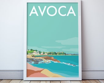 Avoca Beach Art Print, Central Coast NSW Travel Poster, New South Wales Coastal Illustration