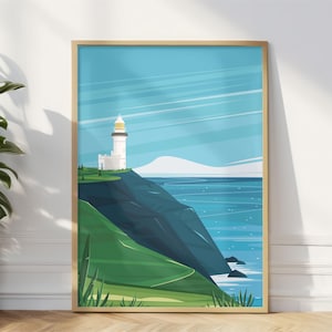 Póster de playa, faro del Cabo Byron Bay, impresión de viaje a Australia, recuerdo, ríos del norte de Nueva Gales del Sur, ilustración costera