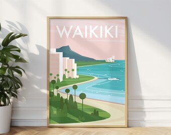 Waikiki Beach Travel Print Hawaii, Hawaii Wall Art Print, Waikiki Honolulu Diamond Head Wall Art