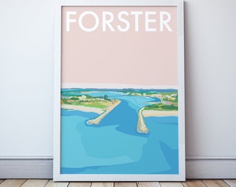 Forster Beach Travel Print Vintage Style Ocean Seaside  Coast Illustration