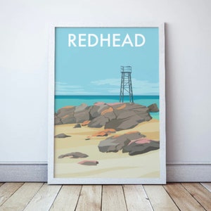 Redhead Beach, Lake Macquarie NSW Travel Poster, Ilustração costeira de Nova Gales do Sul
