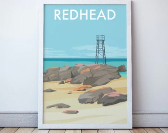 Redhead Beach, Lake Macquarie NSW Travel Poster, New South Wales Coastal Illustration