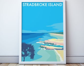 May include: A colorful illustration of a beach scene with a blue sky, turquoise water, and a sandy beach. The text "STRADBROKE ISLAND" is at the top of the image.