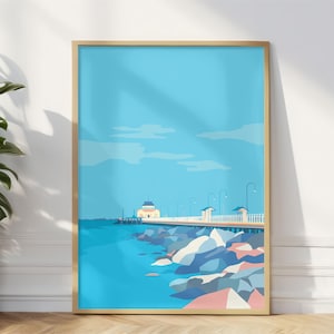 St Kilda Beach Travel Art Print,  Vintage Style Ocean Seaside Coastal Illustration,  St Kilda Pier Jetty Melbourne Australia