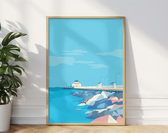Lámina artística de viaje a la playa de St Kilda, ilustración costera de estilo vintage junto al mar, embarcadero del muelle de St Kilda en Melbourne (Australia)
