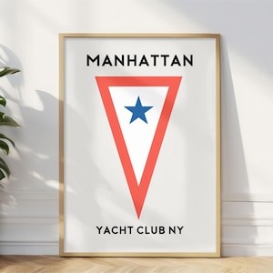 Manhattan NY Yacht Club Burgee Art Print, New York  Manhattan Travel Poster Yacht Club Flag, Manhattan USA Illustrated Gift Souvenir