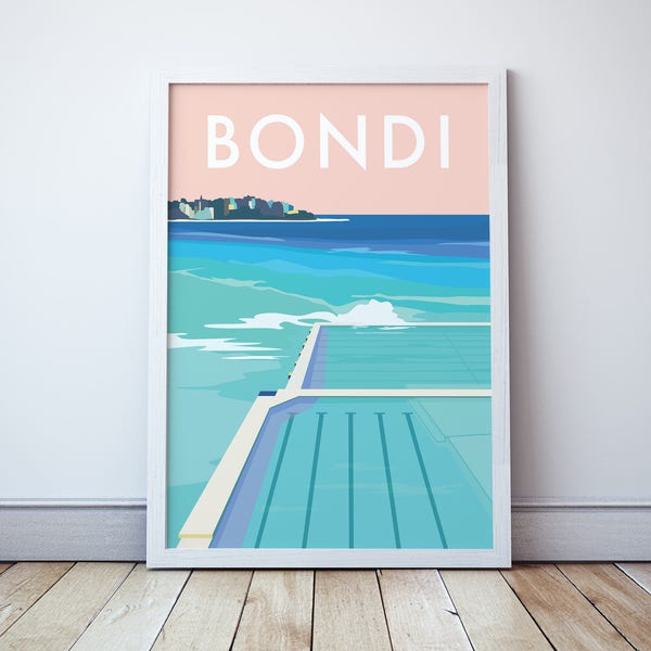 Bondi Icebergs Beach Art Print,  Sydney Travel Poster, Illustration Ocean Pool, Australia Souvenir Memento Gift