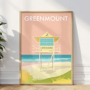 Op de afbeelding: Een gele en blauwe reddingstoren met de tekst "LIFEGUARD" en het nummer "2" erop. De toren staat op een strand met een roze lucht en de tekst "GREENMOUNT" bovenaan de afbeelding.