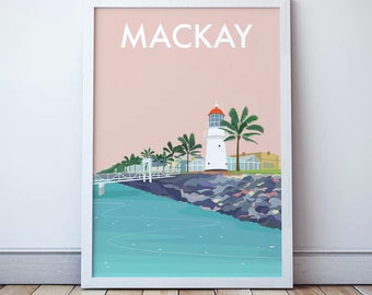 Mackay Lighthouse Art Print,  Tropical Queensland Beach Illustration