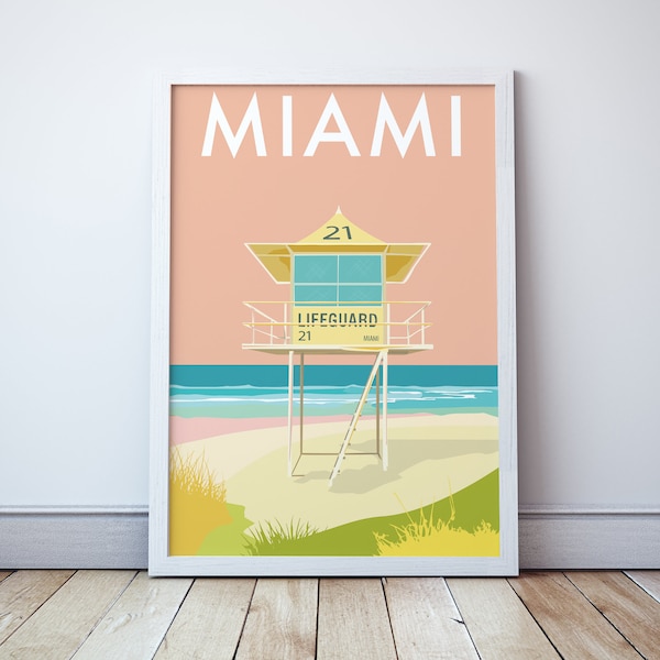 Miami Beach Gold Coast, affiche de voyage de la tour des sauveteurs, Queensland Australie, cadeau souvenir, souvenir de surf