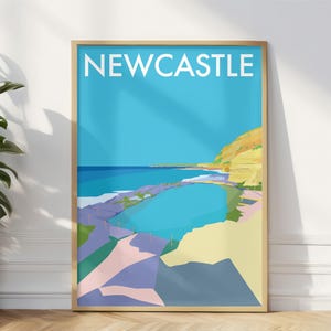 Newcastle Beach kunst aan de muur, Newcastle Bogey Hole print, Newcastle strand, Newcastle strand vintage stijl reizen aan zee