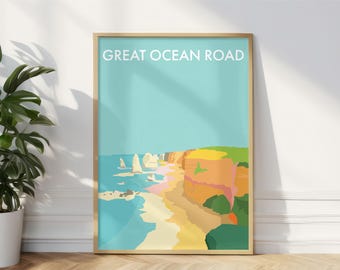 Puede incluir: Un póster con un diseño minimalista que presenta un paisaje de la Great Ocean Road en Australia. El póster tiene un cielo azul, hierba verde y acantilados naranja y amarillos. El texto "Great Ocean Road" está impreso en blanco en la parte superior del póster.