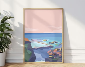 May include: A digital illustration of a swimming pool with a pink sky and blue water. The pool is surrounded by rocks and the water is a light blue color. The sky is a light pink color with a few clouds.