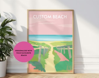 Custom Beach  Vintage Style Seaside Travel Art Print,  Custom Poster Surf Ocean Australia, Custom Australian Beach Souvenir Memento