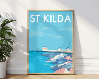 Impresión de arte mural de la playa de St Kilda, St Kilda Melbourne Victoria, impresión de póster artístico del muelle del embarcadero de St Kilda, St Kilda Australia