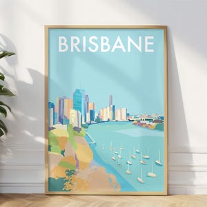 Impresión artística de la ciudad de Brisbane, póster de viaje de la ciudad de Brisbane, Queensland, regalo de recuerdo de Brisbane, Australia, ilustración costera