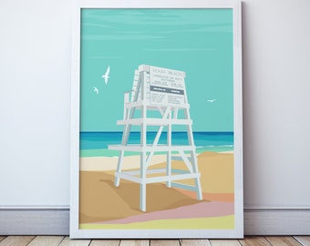 The Hamptons Beach Art Print, Easthampton New York  Illustrated Travel Poster,