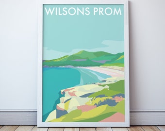 Puede incluir: Una ilustración colorida de una escena de playa con una montaña verde en el fondo. El texto "WILSONS PROM" está en la parte superior de la imagen.