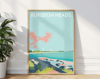 Burleigh Heads, Gold Coast Beach, Burleigh Beach Queensland Illustration, Burleigh Heads Beach Travel Print Australia