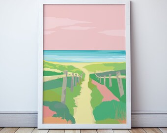 May include: A digital illustration of a path leading to a beach with a pink sky, green grass, and a wooden fence.