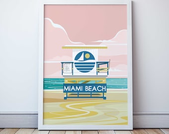 Miami Beach USA Art Print,  Miami Florida Coast Travel Poster, Holiday Souvenir Gift Miami Florida