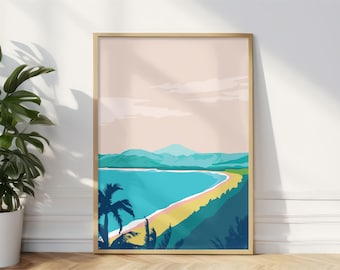 May include: A digital illustration of a beach scene with a curved coastline, turquoise water, and a yellow sandy beach. The background features a mountain range and a pink sky with white clouds. Palm trees are silhouetted in the foreground.