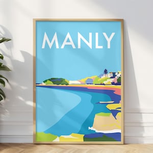 May include: A colorful illustration of Manly Beach in Australia. The image features a blue sky, a turquoise ocean, a sandy beach, and green trees. The word "MANLY" is written in white letters at the top of the image.