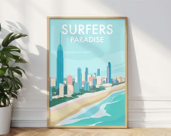May include: A colorful illustration of the Surfers Paradise skyline in Australia. The illustration features a tall blue building, several other buildings, a beach, and ocean waves.