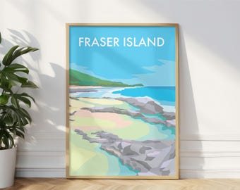 May include: A colorful illustration of Fraser Island, a popular tourist destination in Australia. The image features a beach with turquoise water, rocky shores, and a green hill in the background. The text "FRASER ISLAND" is printed in white at the top of the image.