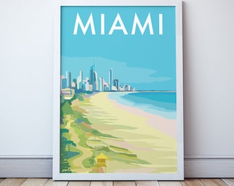 Miami Beach Print, Gold Coast Travel Poster, Queensland Coastal Illustration