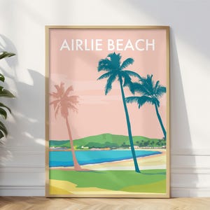 May include: A digital illustration of a beach scene with palm trees and the text "Airlie Beach" in white on a pink background.